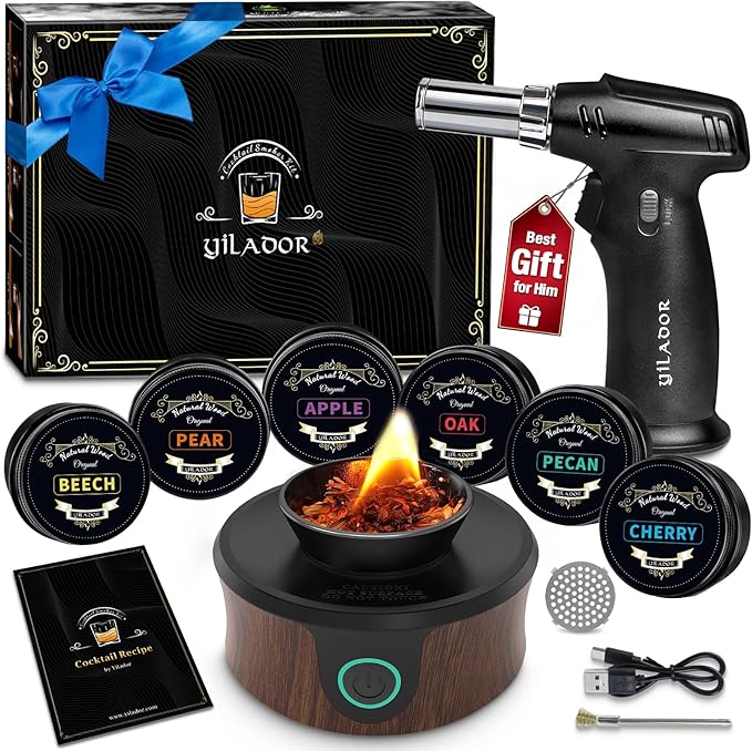 Electric Whiskey Smoker Kit with Torch, Best Whiskey Gifts for Men, 6 Wood Chips – Infuse Rich Smoky Flavors in Bourbon Ol...