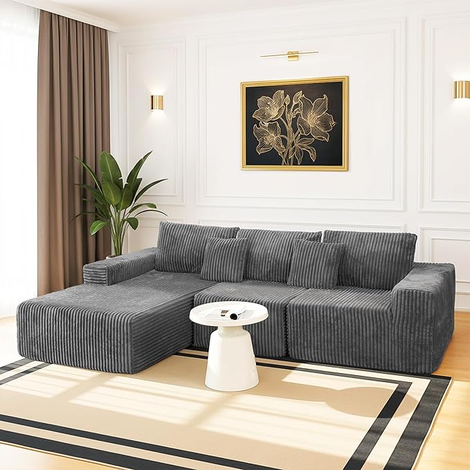 SEENYOO 112.99" Boneless Cloud Couch, L Shaped Sectional Sofa with Chaise, No Assembly Required, Sink-in Corduroy Fabric & Memory Foam, Plush Modular Sofa for Apartment, Lounge, Dorm (Grey)