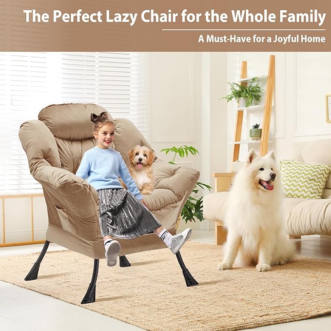 Youtanic Lazy Chair Thick Padded, Comfy Velvet Accent Lounge Chair with Stable Frame, Leisure Sofa Armchair with Armrests and Side Pocket, Reading Chair for Bedroom, Living Room, Office, Khaki