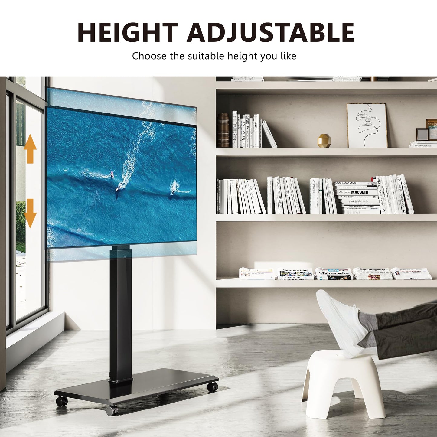 FITUEYES Rolling TV Stand - Portable Mobile TV Cart on Wheels for 32 to 65 70 75 Inch TVs, Landscape to Portrait Rotating and 40°Swivel, Height Adjustable TV Cart Rolling TV Stand Hold Up to 88 Lbs