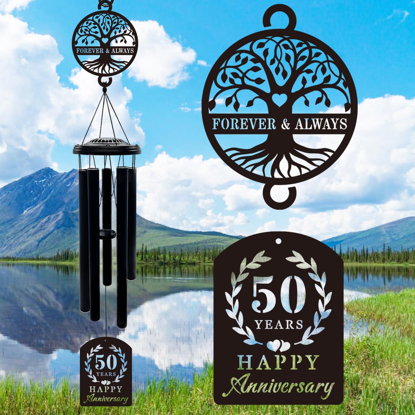 37'' 50th Anniversary Wind Chime Gifts, Golden Anniversary Keepsake Gifts Ideas, Happy 50th Decorations for Parents, Couples, Husband, Wife, Friends (Tree of Life)