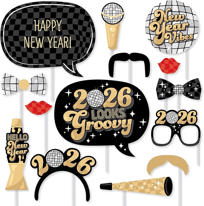 Big Dot of Happiness Disco Ball 2026 New Year Photo Booth Props, NYE Party Photo Props Kit, 2026 New Years Glasses, New Ye...