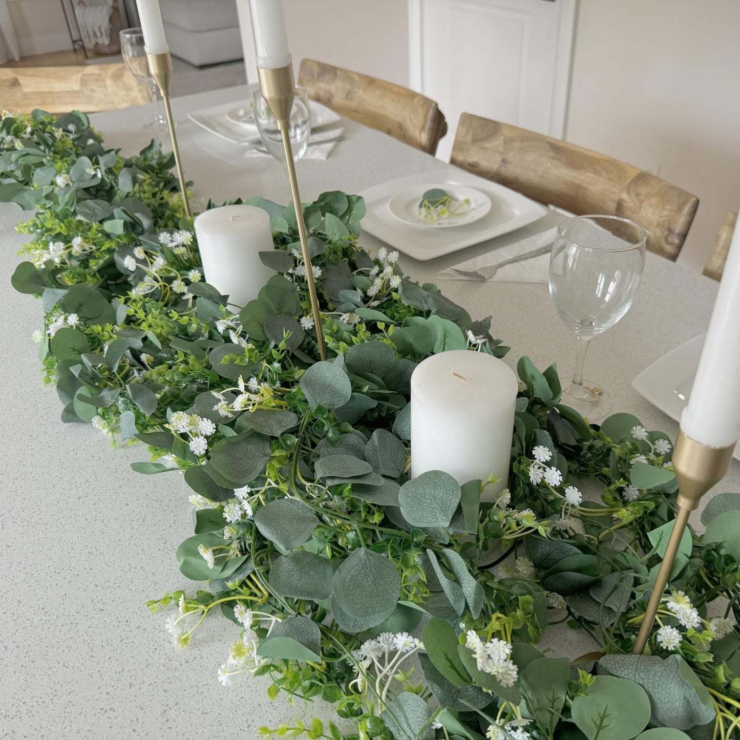CQURE 5Pcs Eucalyptus Garland,Artificial Eucalyptus Leaves Table Greenery Garland Wreath Vines for Wedding Table Fireplace Bedroom Room Decor