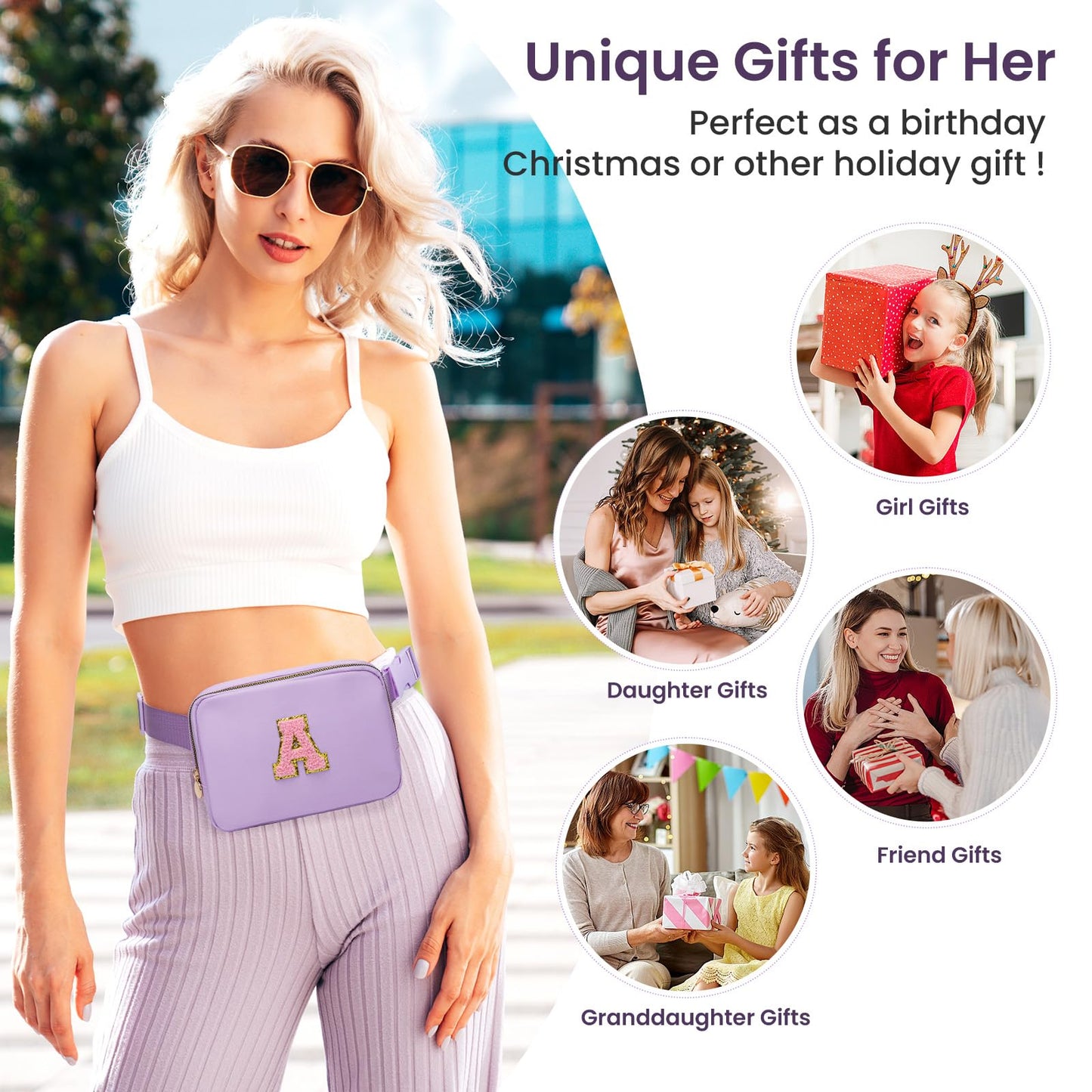 Birthday Gifts for Girls, 4 5 6 7 8 9 10 11 12 13 14 Year Old Girl Gifts for Teens Kids Daughter Sister Her, Cute Initial Fanny Pack Belt Bag Crossbody Bag Trendy Stuff for Girls Teen (Purple, A)