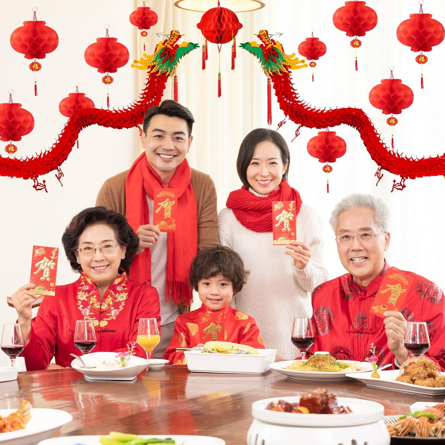 23Pcs Chinese New Year Decorations 2026 with 2 3D Chinese Dragon Decoration and 1 Red Ball and 20 Red Plastic Lanterns for Spring Festival Party Lunar New Year Decorations 2026