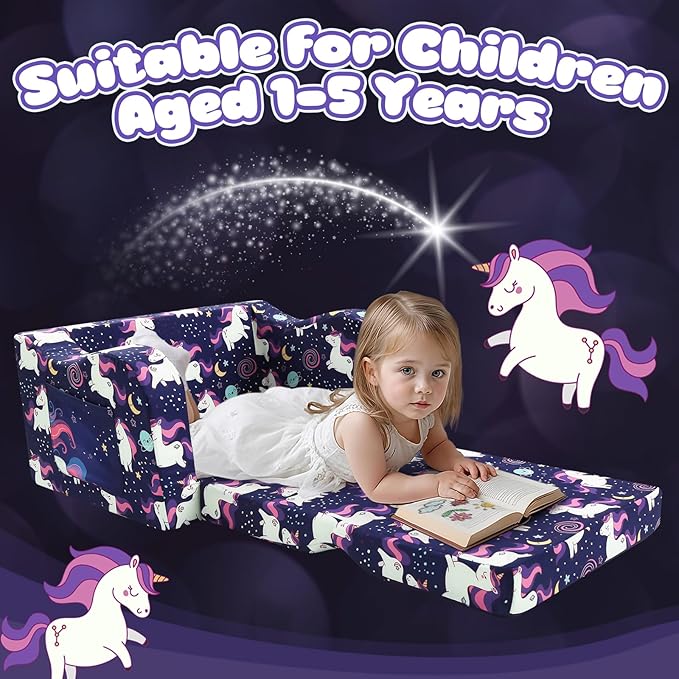 MeMoreCool Kids Folding Couch – Purple Unicorn Toddler Chair, Fold-Out 2-in-1 Sofa Bed Comfy Foam Seating, Washable Cover, Armrests & Side Pocket for Playroom or Nursery Ages 1–3