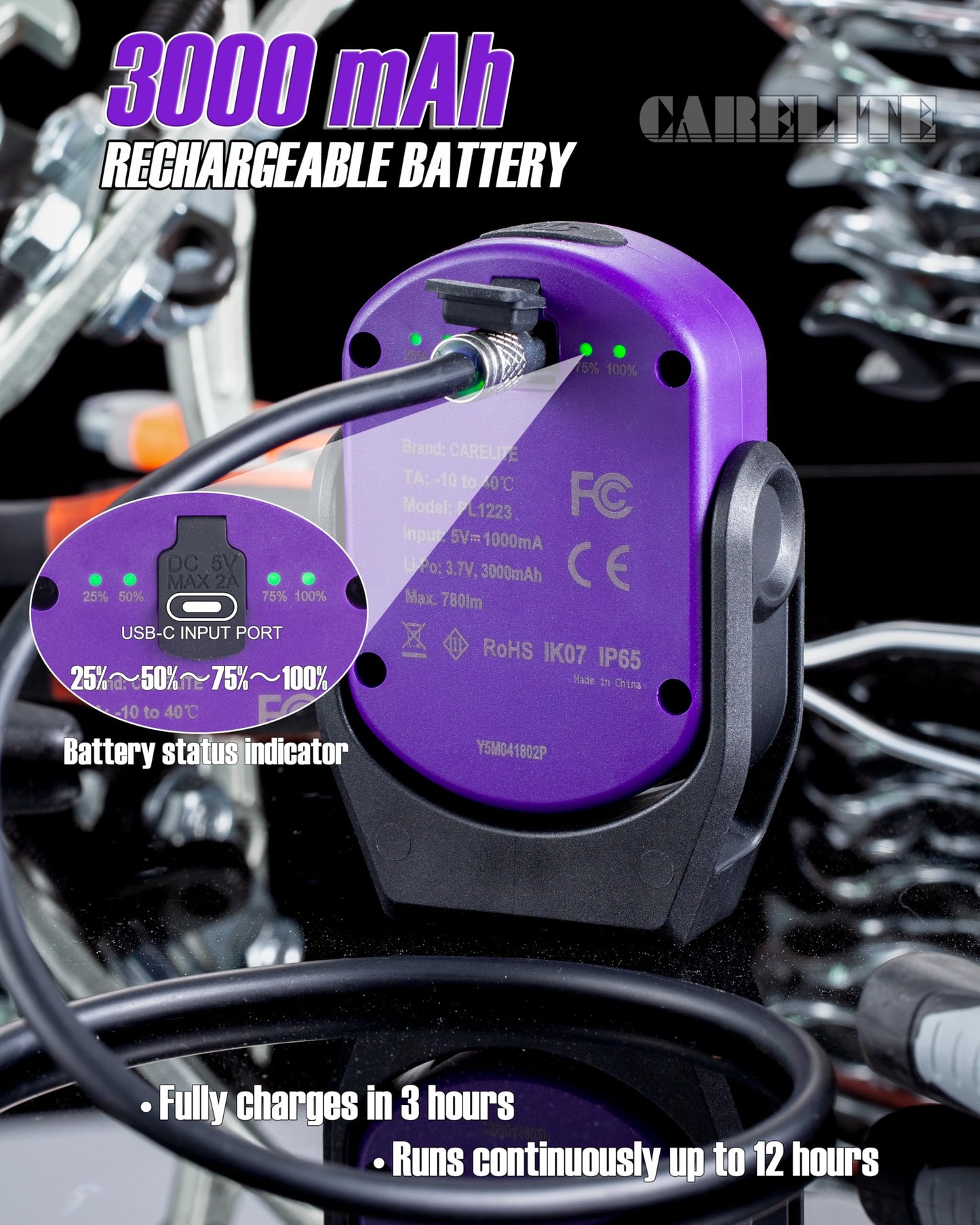 Magnetic Work Light – 780 Lumen Compact Pocket Light, Rechargeable 3000mAh, 360° Pivot, Durable & Portable for Mechanics & Jobsites (Purple, 2 Pack)