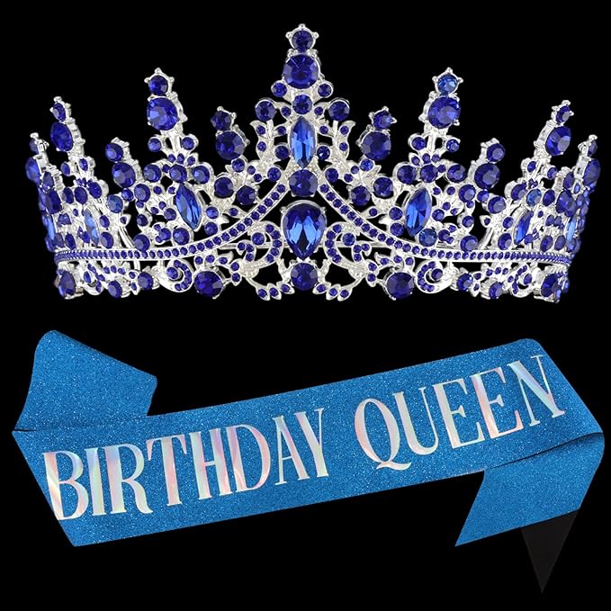 COCIDE Blue Birthday Queen Sash for Women Happy Birthday Crowns Princess Tiaras Sashes for Girl Crystal Party Decorations ...