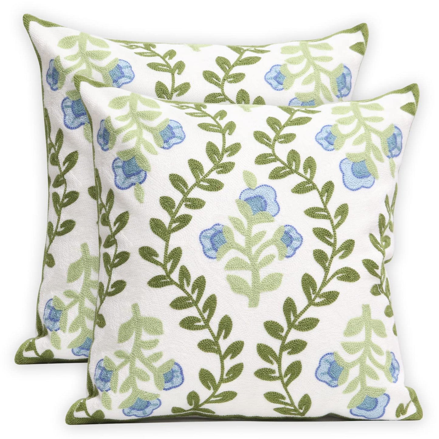 Pilmandu Set of 2 Embroidered Decorative Throw Pillow Covers Couch Square Pillowcases Cushion for Bedroom Sofa Farmhouse Decor 18x18 Inch (Blue Floral)