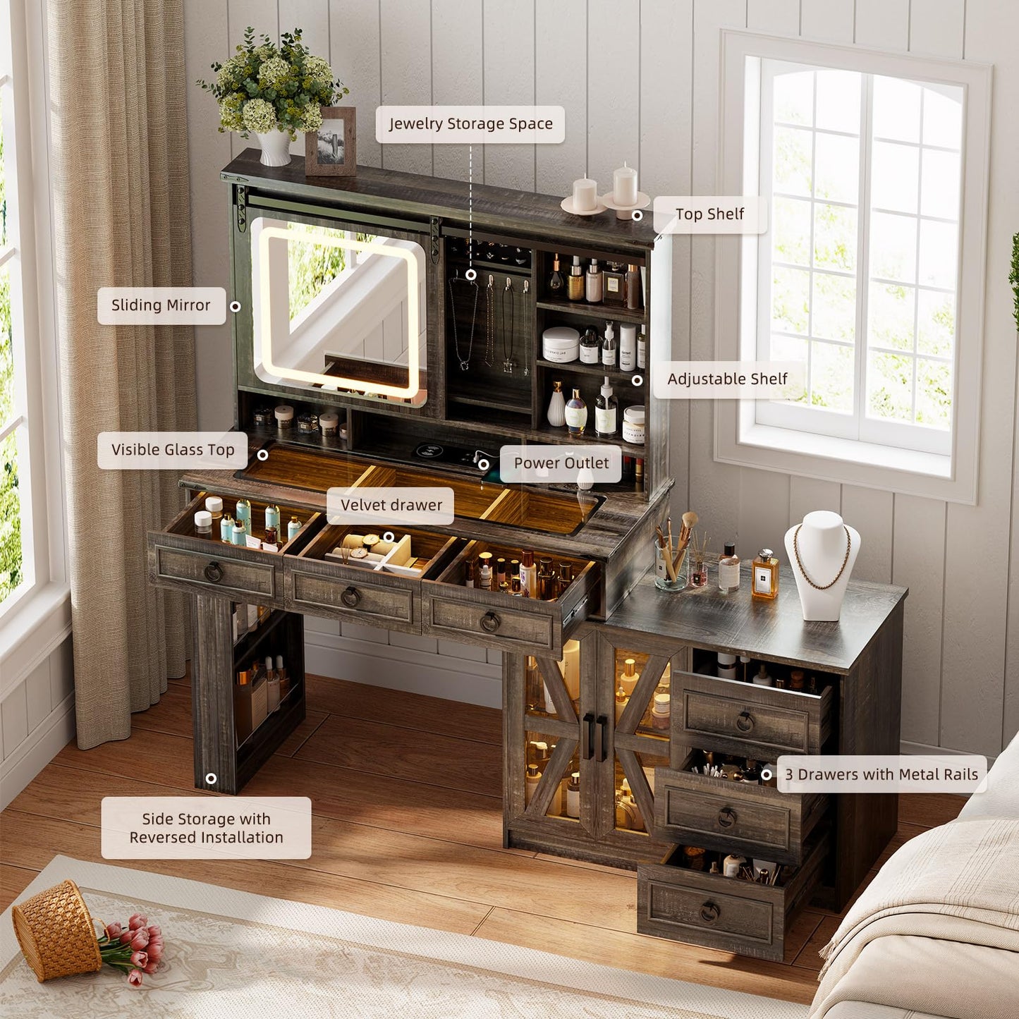 MDGC 60"W Farmhouse Makeup Vanity Desk with Sliding Mirror and Lights, Charging Glass Top Large Vanity Table with Jewelry Storage,Vanity Set with 6 Drawers,10 Shelves,Side Storage Cabinet,Rustic Brown