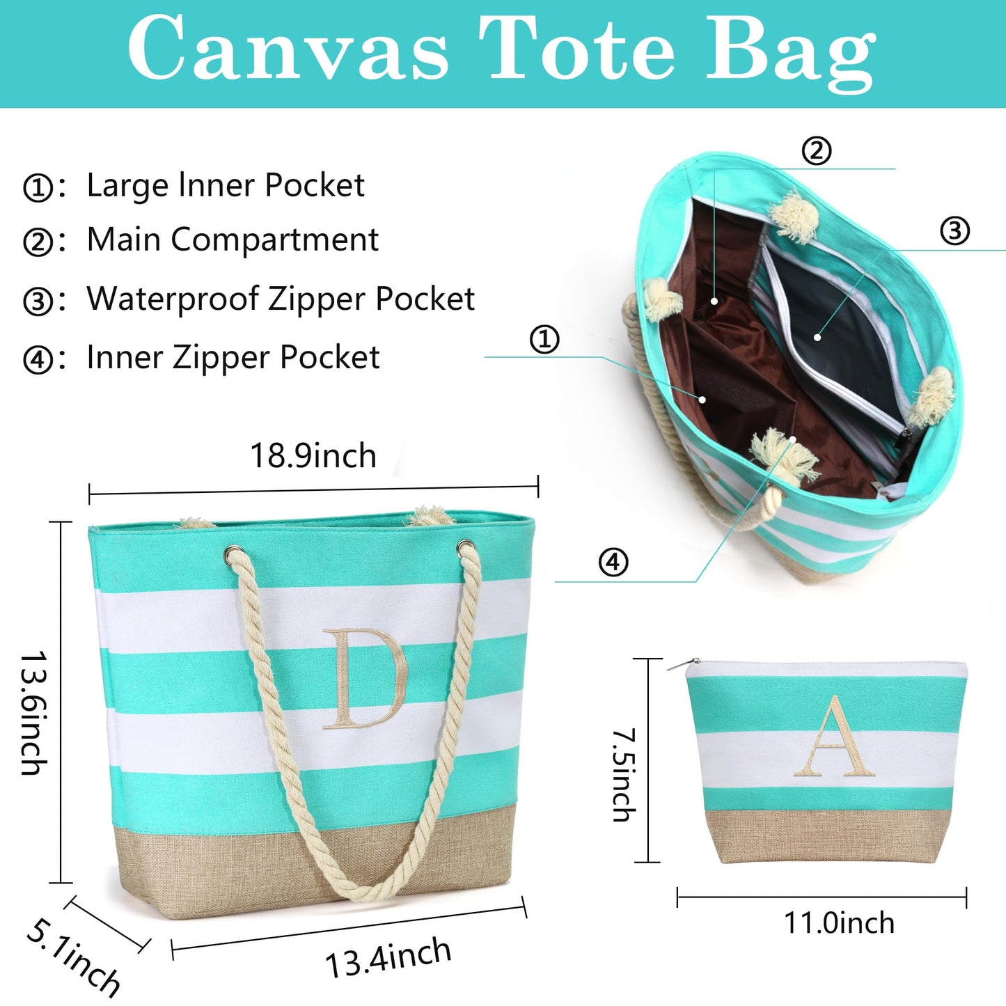 YOOLIFE Travel Gifts for Women - Travel Beach Tote Bag Monogram Waterproof Pool Bag, Personalized Birthday Gifts for Women Mom Girlfriend Friend Female Appreciation Gift for Teacher Blue K