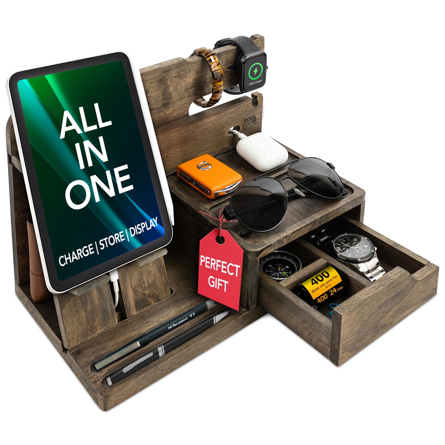 EcoLeafy Dot Nightstand Organizer- Bedside Docking Station for Men- Unique Gifts for Husband, Father or Dad from Wife, Son or Daughter- Desk Organizer for Phone, Watches, Wallet & Accessories (Rustic)