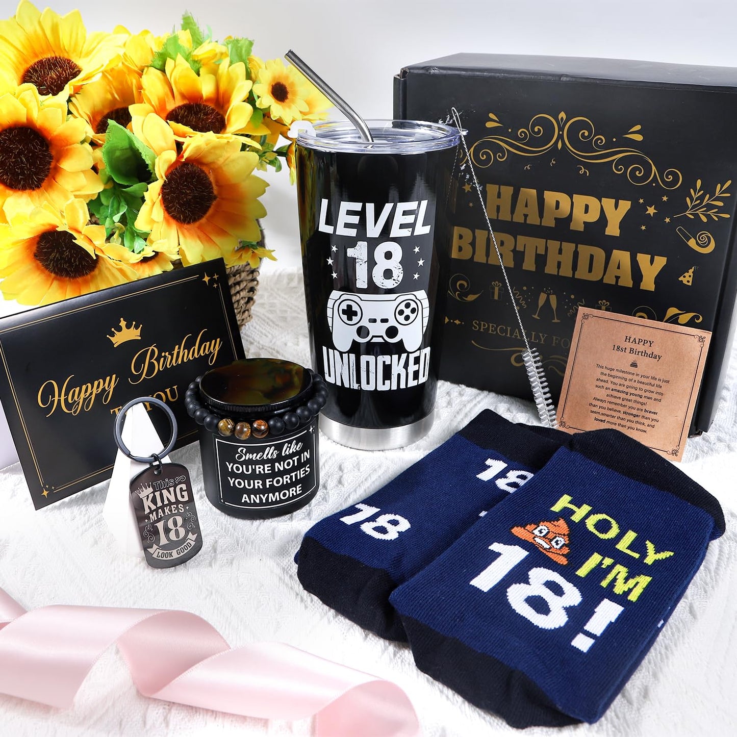 Keluna 18th Birthday Gifts for Boys - 6Pcs 18 Year Old Boy Birthday Gifts Ideas, 20oz Tumbler, Funny Socks, Keychain, Bracelets, Candles, 18th Presents for Son Grandson Nephew Brother from Mom Dad