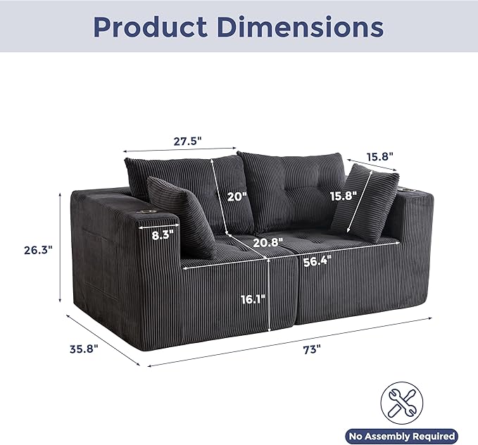 MAXYOYO Modular Sectional Sofa Couch, Loveseat Boneless Cloud Couch for Living Room, Sofa in A Box, Tufted Upholstered Cozy Chair with Cup Holders, No Assembly Required, Grey
