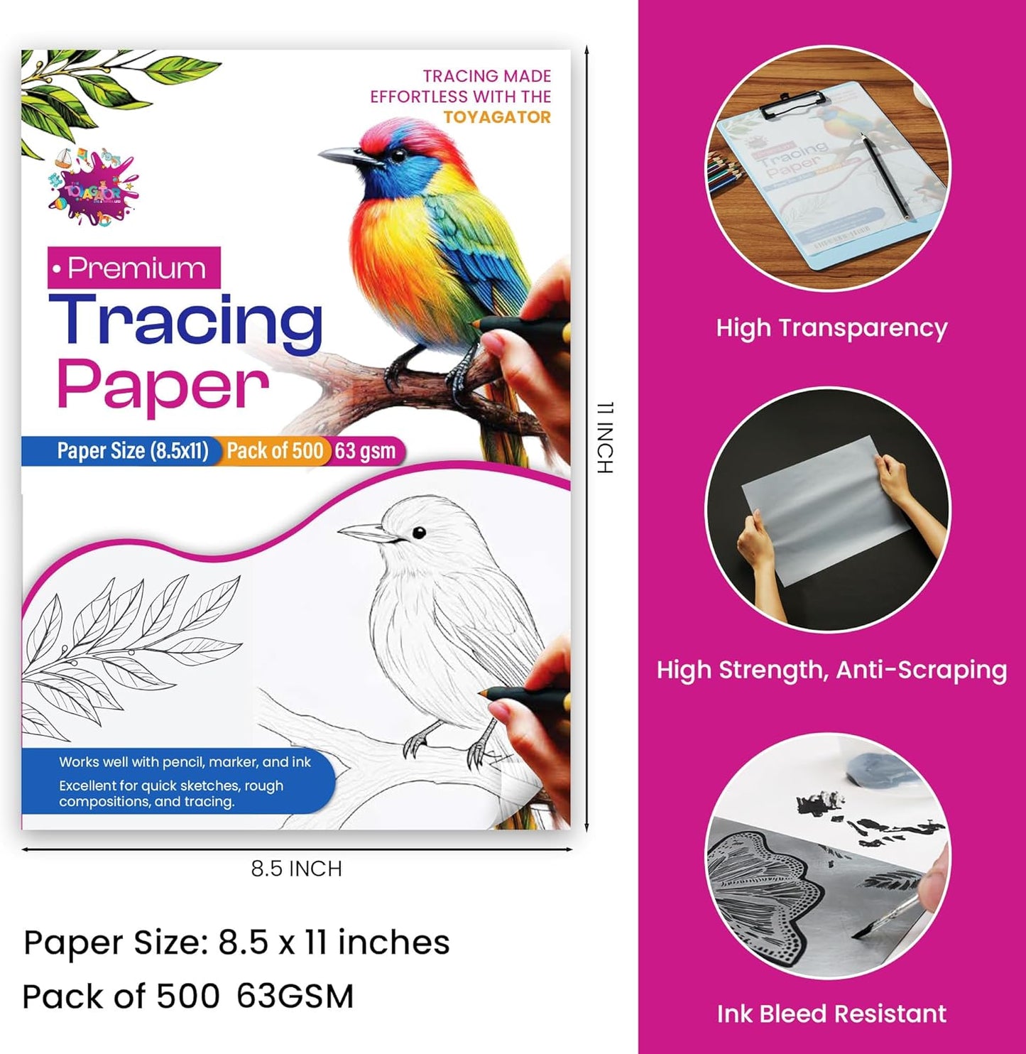 Tracing Paper 8.5 x 11 Inch - 500 Sheets 41lb/63gsm Transparent Vellum Paper for Sketching, Preliminary Drawing, Drafting & Overlays - Premium Translucent Tracing Paper for Pencil, Marker and Ink