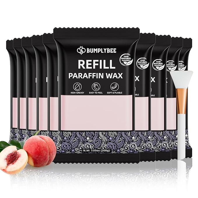 Paraffin Wax Kit - 10 Packs Peach Scent Refills With Silicone Brush for Hands and Feet - Skin Moisturizing, Non-Greasy, Easy-Peeling