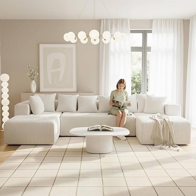SEENYOO 130" Boneless Couch, Cloud Couch Sectional, Corduroy Sofa for Living Room, U Shaped Modular Sofa with Chaise, No Assembly, 4 Seats Oversized (White)