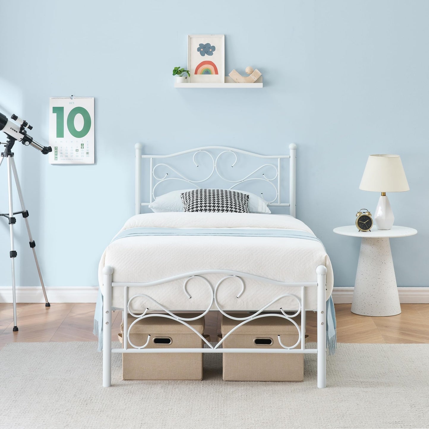 Garvee Twin Bed Frames, Twin Size Bed Frame with Headboard, Heavy Duty Mattress Foundation with Steel Slats Support, No Box Spring Needed, White