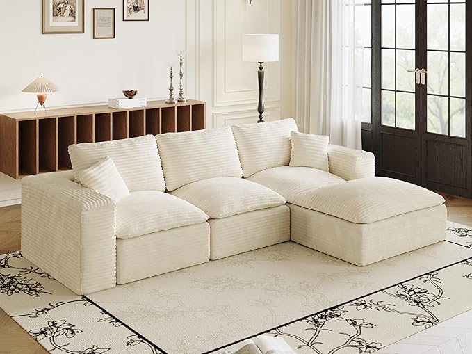 ZIGHTH 108" Plush Corduroy L Shaped Sectional Cloud Sofa Couch with Ottoman, Soft Deep Seat Modular Sectional Couches for Living Room,No Assembly. Beige