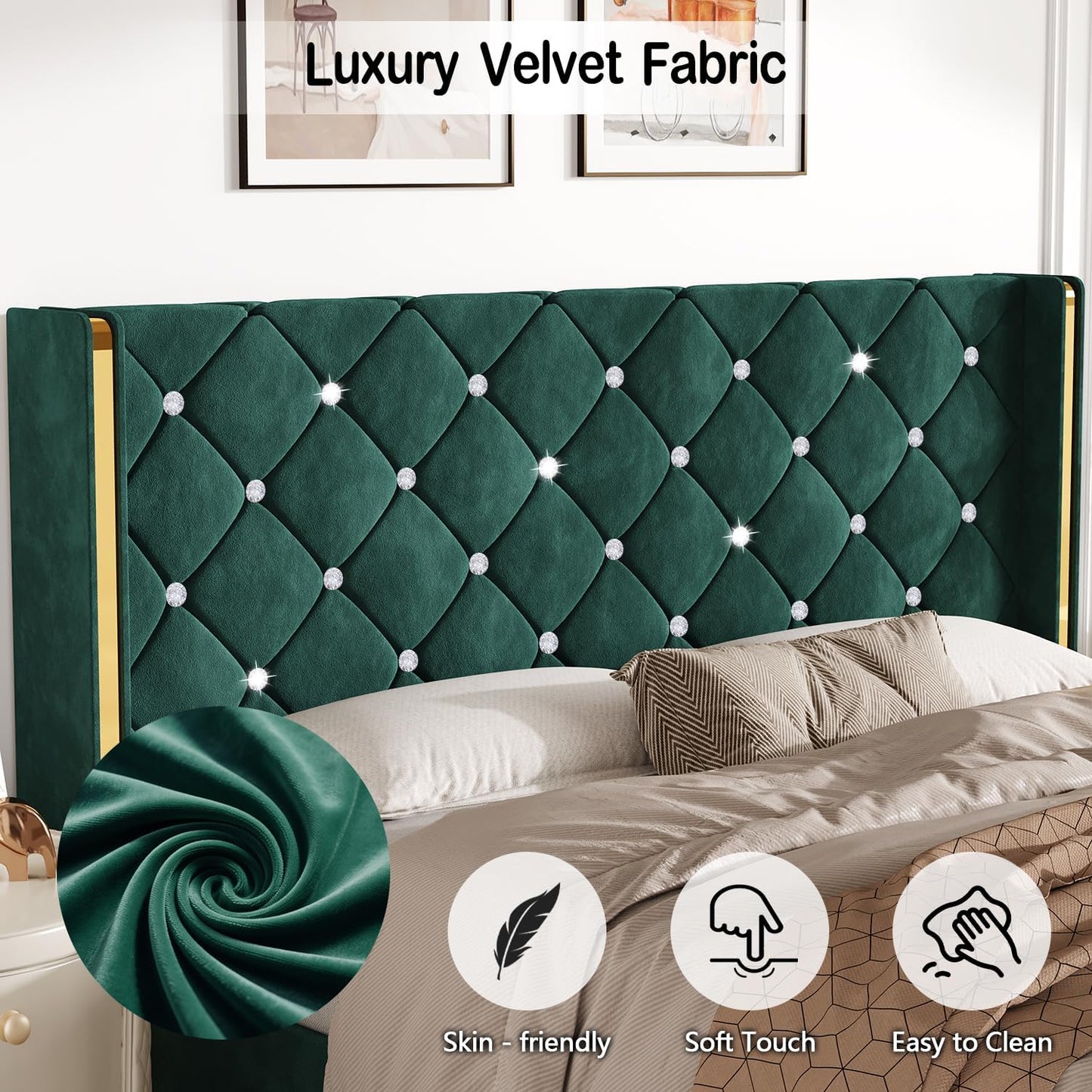 HOMBCK Twin Bed Frame with Headboard and Wingback, Upholstered Bed with Diamond Tufted Design, Kids Bed Frame with Wooden Slats Support, No Box Spring Required, Easy Assembly, Green
