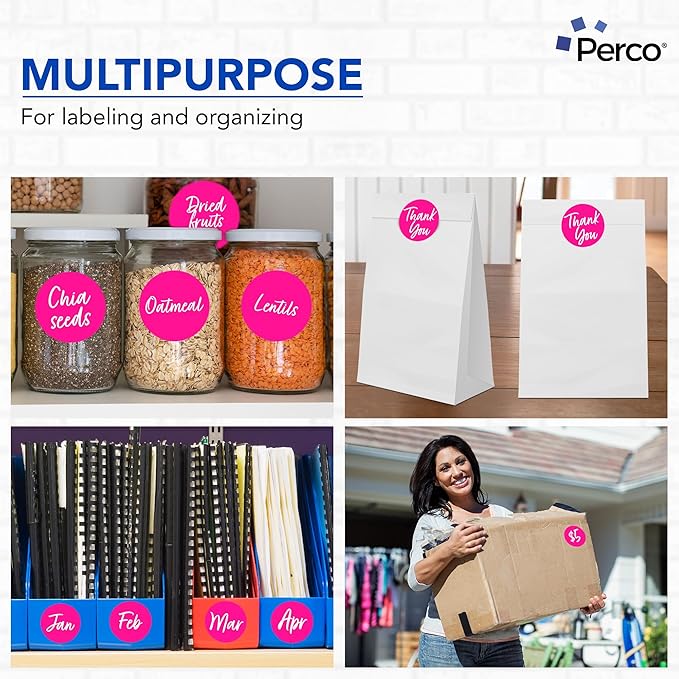 Perco Fluorescent Pink 3-Inch Perforated Circle Dot Sticker Labels — 10 Rolls, 5,000 Round Stickers — with Permanent Adhesive for Moving Boxes, Sale Signage, Displays, Status Messaging—Made in USA