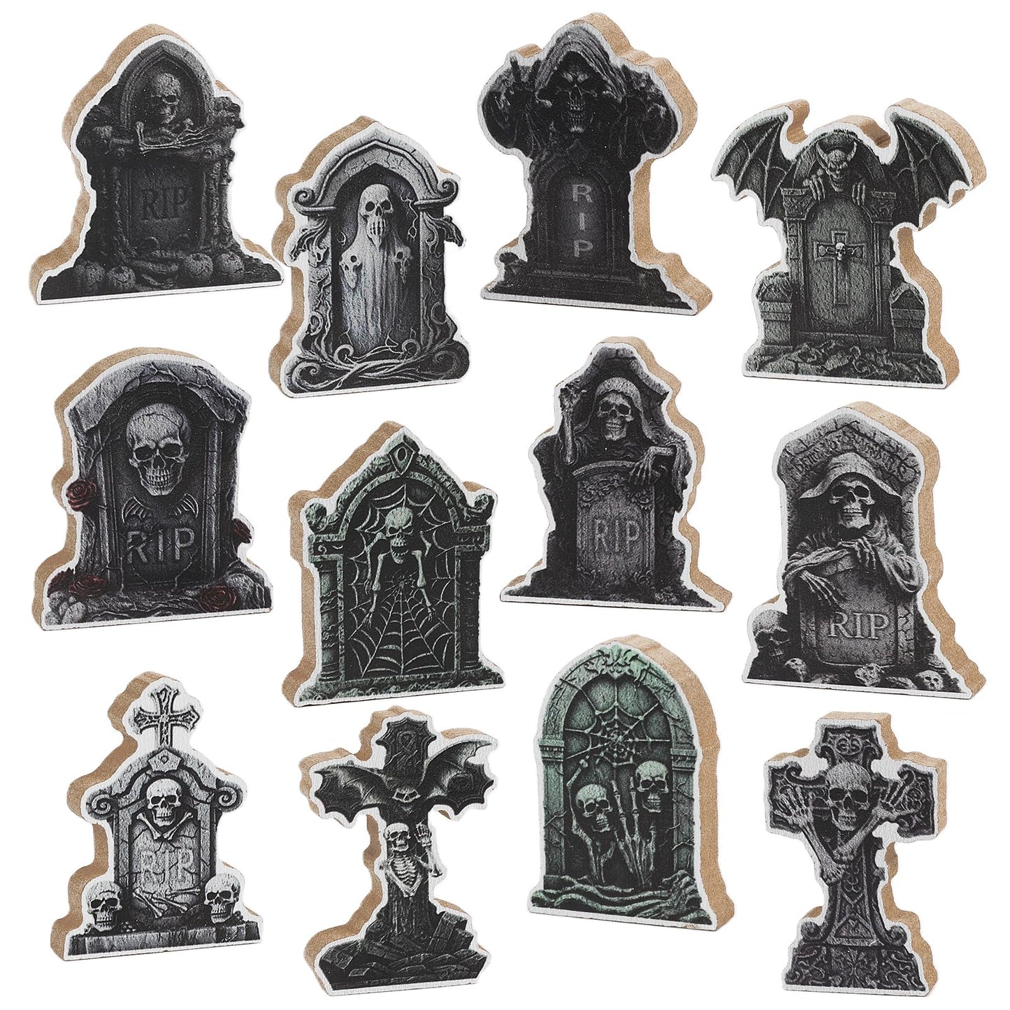 DIYASY 12 Pcs Halloween Miniature Tombstones Figurines, Mini Resin Graveyard Gravestone Tiny Village Headstones Accessories for Graves DIY Crafts Outdoor Home Fairy Garden Dollhouse Decor