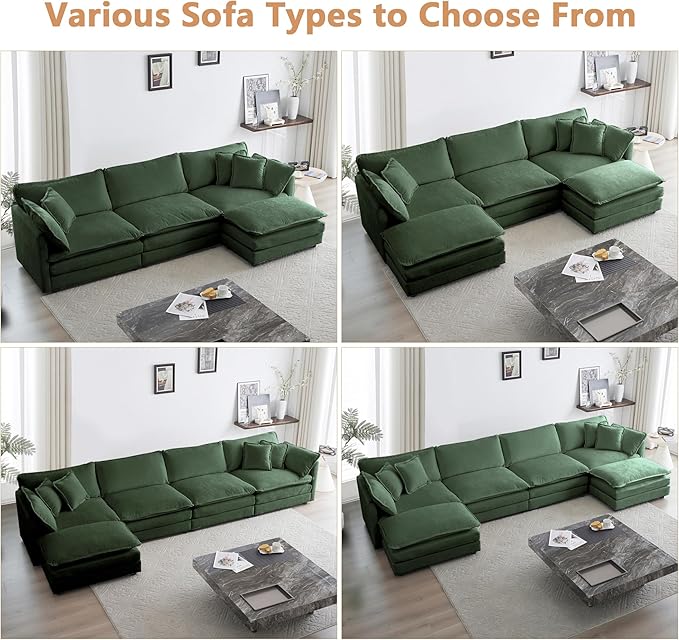 mikibama Luxury Modular Sectional Sofa, 111.5" Modern Chenille Comfy Cloud Couches for Living Room Office, 3 Seater Deep Sofa with 2 Armrest Pillows and 3 Toss Pillows, Evergreen