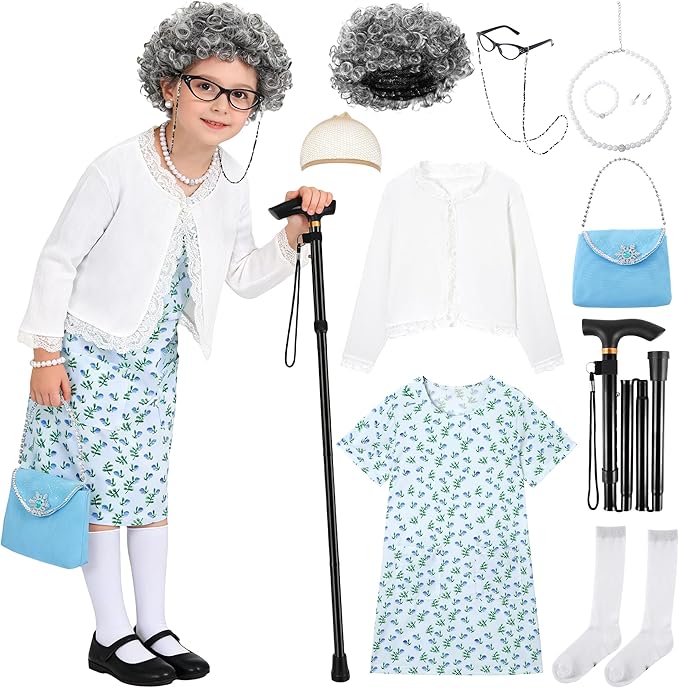 WooHand Old Lady Costume for Kids 100 Day of School Costume for Girls 100th Day of School Dress Up Grandma Wig Cane Outfit