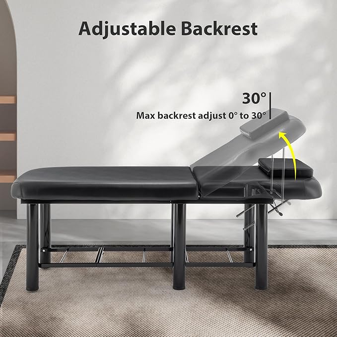 Professioanl Massage Table w/Adjustable Backrest for Treatment Table Spa Facial Bed Barber Beauty Equipment, Metal Frame PU Leather, Removable Headrest Salon Bed, Black