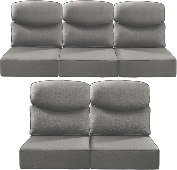 ACTREST Luxury 22x24/22x25 6-Inch Smile Outdoor Cushions for Patio 5 Piece Set - Set of 5 Zippered Outside Pillows for Wicker Metal Dining Rocking Swivel Chairs Loveseat Couch Sectional Sofa - Grey