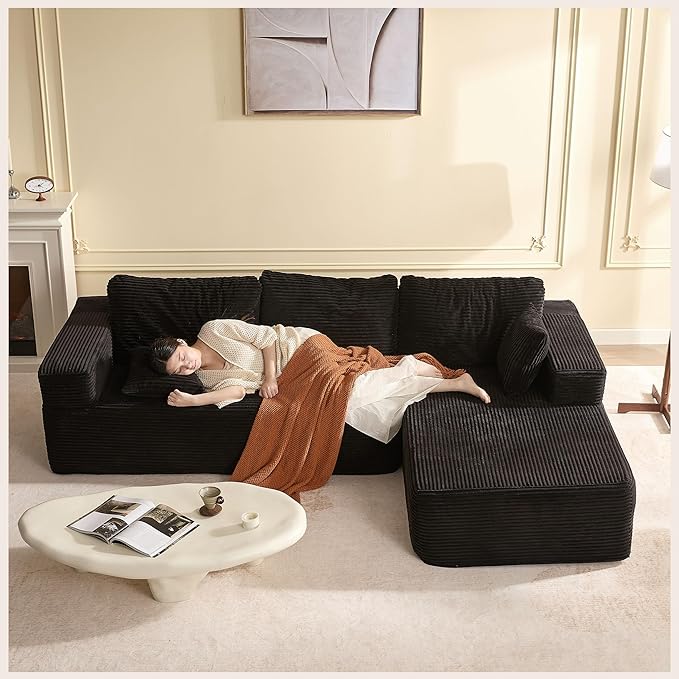 Afuson 107" Boneless Couch with Deep Seat, Modular Sectional Sofa, Cloud Sectional Couch for Living Room, No Assembly Required, Corduroy, L-Shape Right, Black