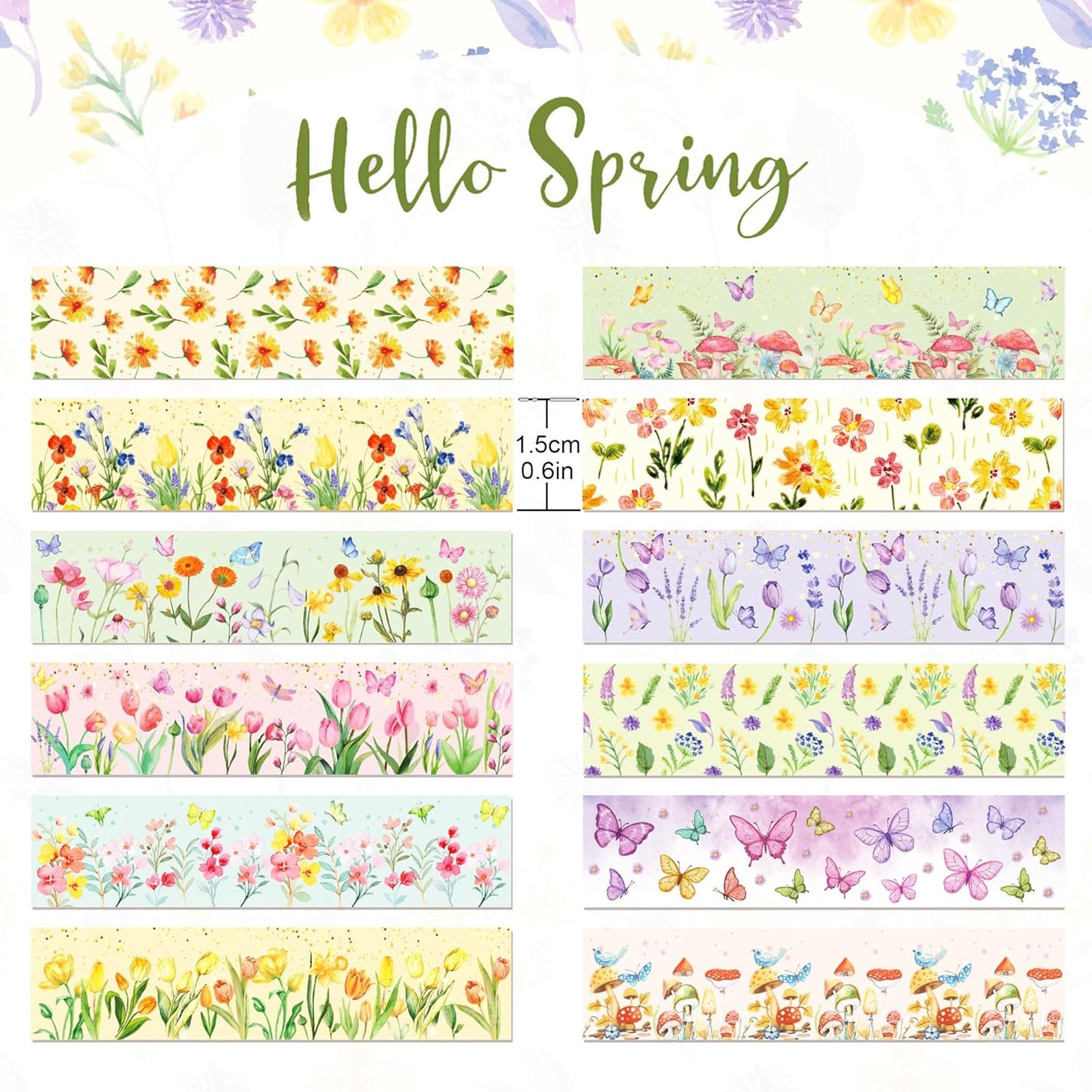 12 Pcs Flowers Washi Tapes Set Flowers Blooms Garden Vintage Flowers Masking Tape Floral Themed Decorative Tape Flowers Printed Decorative for DIY, Planner, Scrapbooking, and Party Decor