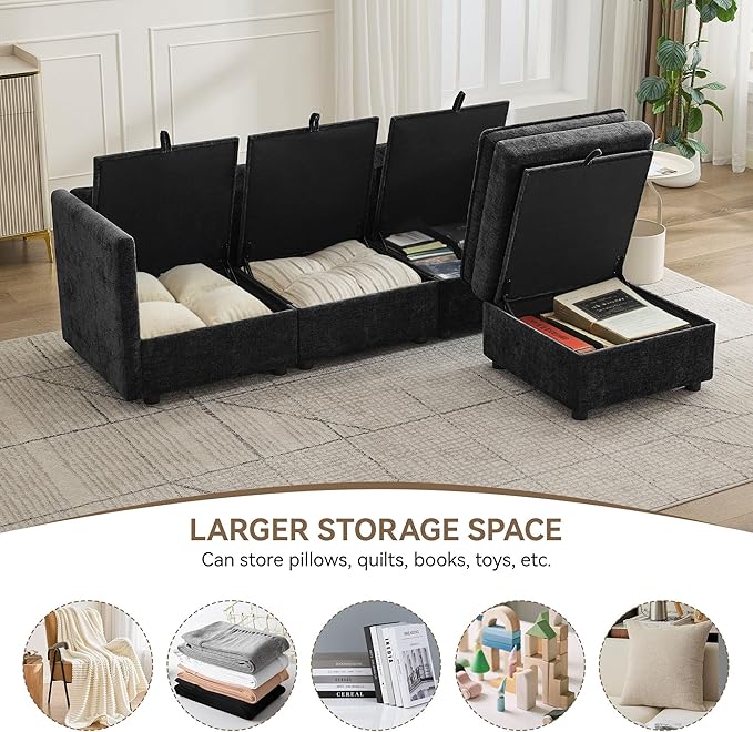 80" Cloud 3 Seater Sectional Modular Couch with Storage Ottoman, Upholstered Storage Sofa Modern Couch Deep Seat, Chenille L Shape Sofa Comfy Couches with Armrests for Living Room, Small Space, Black