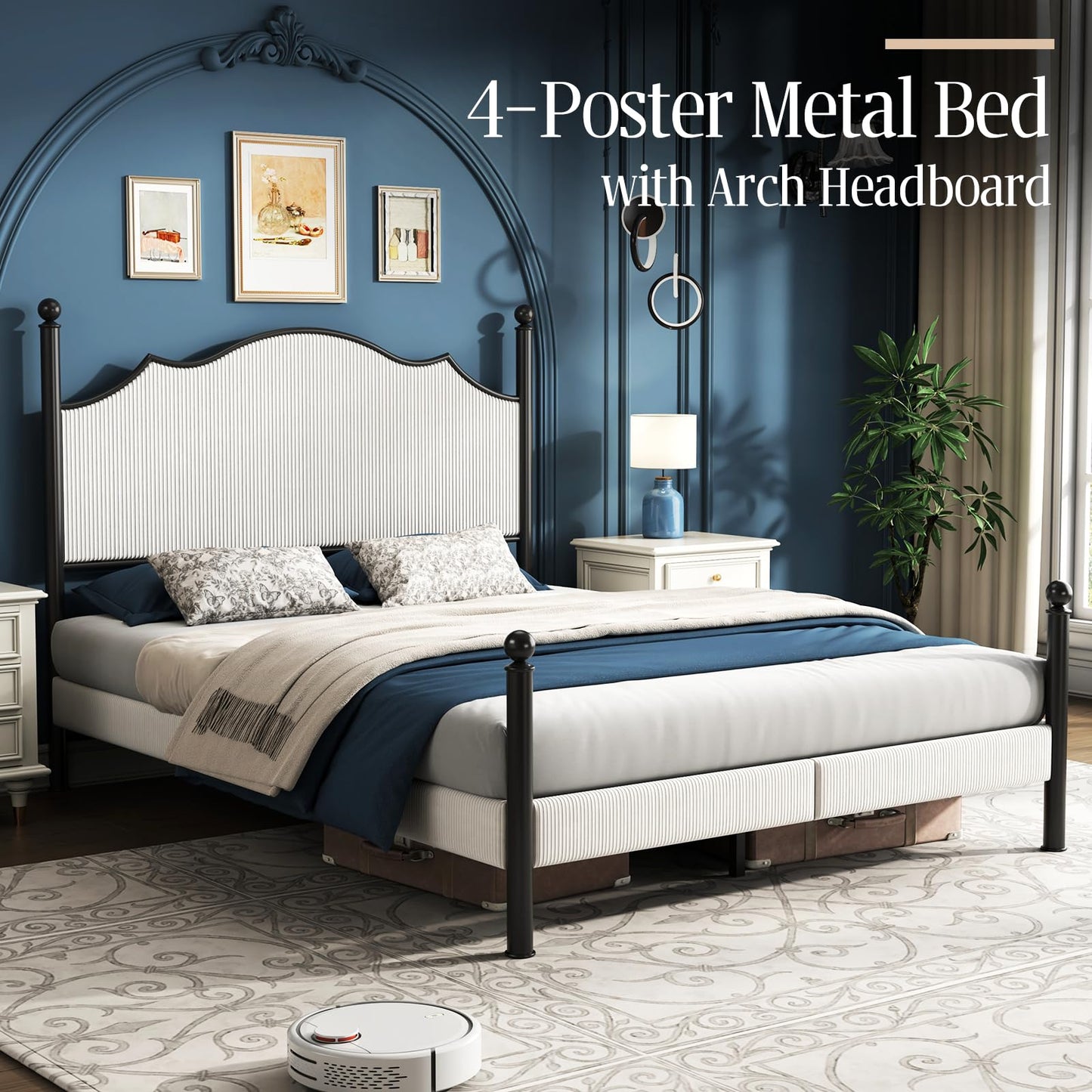 LUXOAK Queen Bed Frame with LED Light & Arch Headboard, Modern Corduroy Upholstered Platform Bed with Metal Poster, No Box Spring Needed/Easy Assembly/Noise Free, White