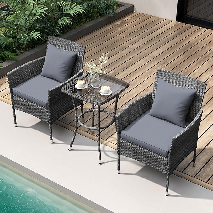 KOTEK 3 Pieces Patio Furniture Set, PE Rattan Outdoor Conversation Set with Tempered Glass Table & Soft Cushions, Wicker Bistro Set for Garden, Porch, Balcony (Grey)