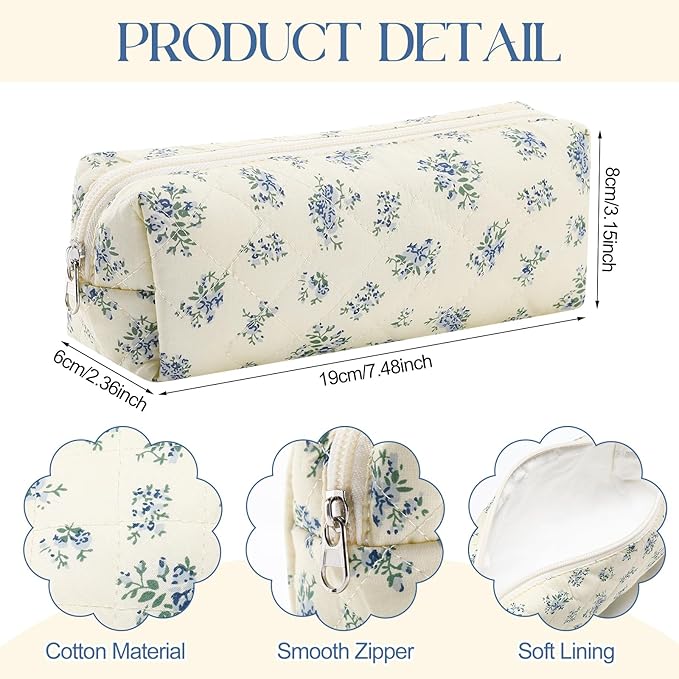 Paterr Aesthetic Floral Makeup Bag Travel Cosmetic Bag for Women Gift Christmas Portable Quilted Makeup Pouch Cotton Pencil Case Kawaii Cute Toiletry Organizer Case for Women Girls(Blue Wildflowers)
