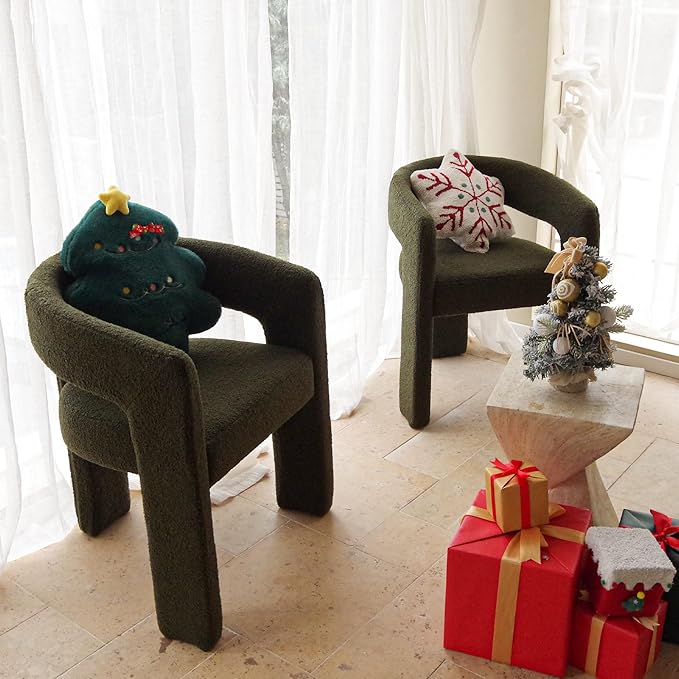 DAYALANE Boucle Dining Chairs Set of 2, Upholstered Sherpa Kitchen Chairs with Arms Comfy Barrel Side Chair for Living Room/Dining Room/Reception, Green