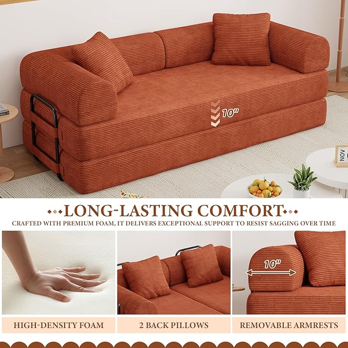 77" Convertible Sofa Bed, Modular Folding Futon Corduroy Floor Foam Compressed Loveseat Sleeper Sofa Couch, Pull Out Queen Size Couch Bed with 2 Pillows for Living Room Guest Room Studio, Orange