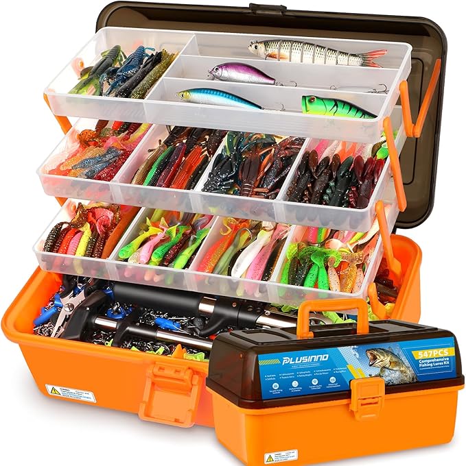 PLUSINNO Large 4-Layer Tackle Box with Tackle Included, 547Pcs Fishing Lures Kit - Pliers, Crankbait, Hooks, Weights & Acc...