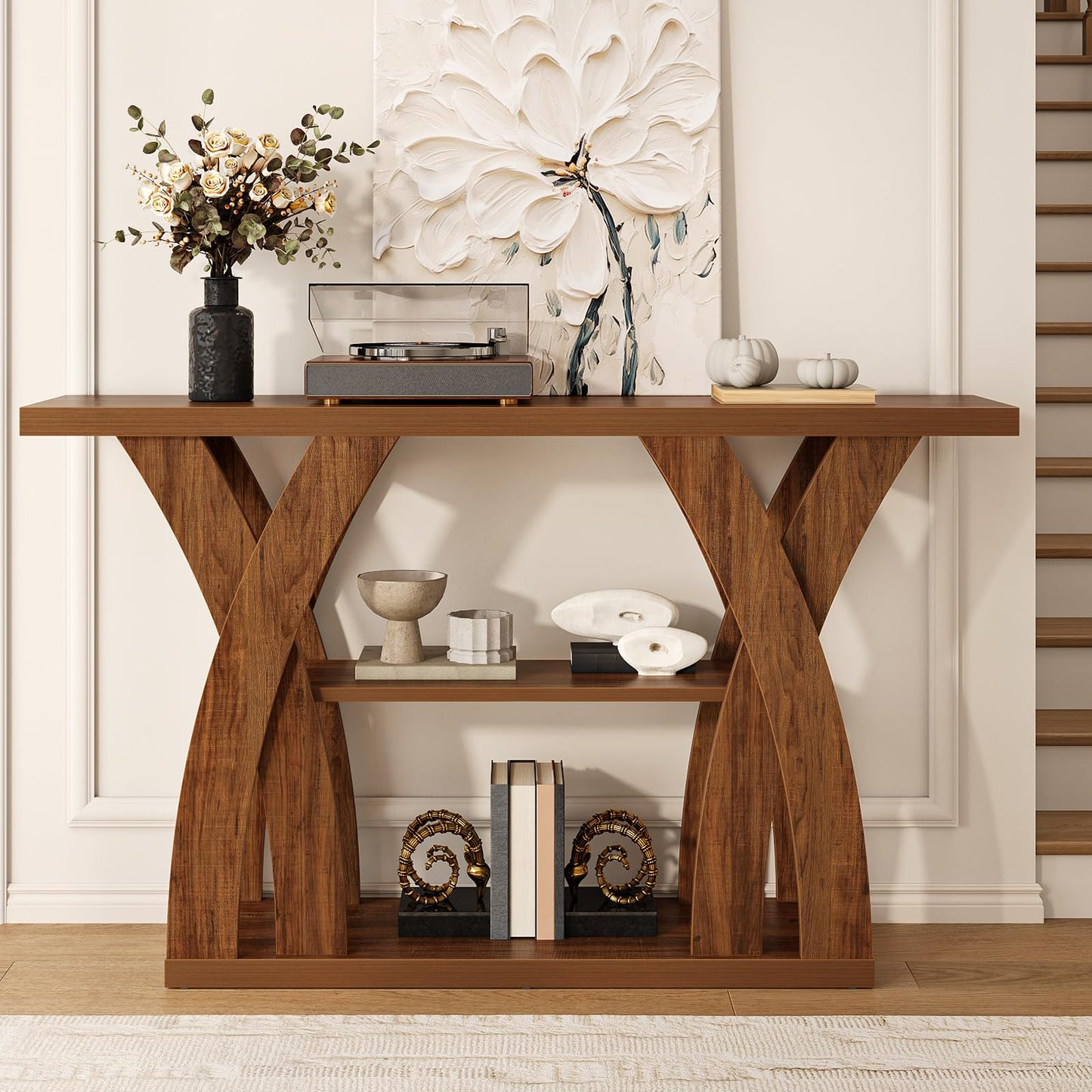 Tarnorci Console Tables, 55‘’ Narrow Walnut Console Table 3-Tier Farmhouse Wood Entryway Table for Living Room, Hallway, Foyer (Brown)