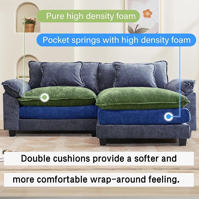 Oprisen 86" Modular Sectional Sofa, Comfy Cloud Couch Sectional Sofa with Ottoman, Chenille Sofa Sleeper Deep Seat Sofa with Throw Pillows for Living Room (Blue, 86"- L Shape)
