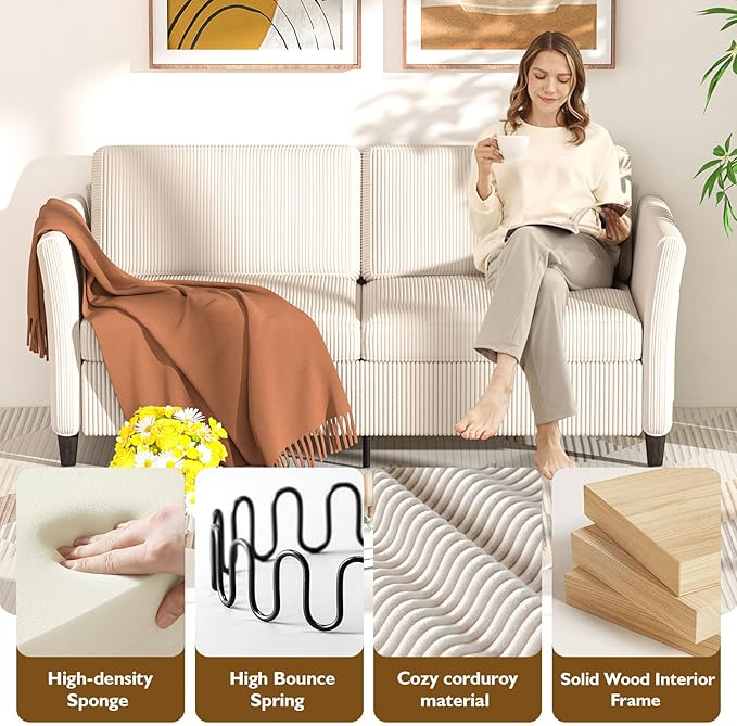 Valthie 60.6" Corduroy Loveseat Sofa, Modern Comfy Couches with Side Pocket, 2-Seater Sofa Couch for Living Room, Bedroom and Small Spaces,Beige