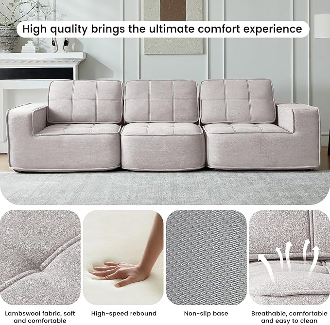108" Boneless sectional Couch for Living Room,Convertible L-Shape Fleece Couches with Ottoman, Cloud Modular Sofa with Deep Seat for Bedroom, No Assembly,Beige
