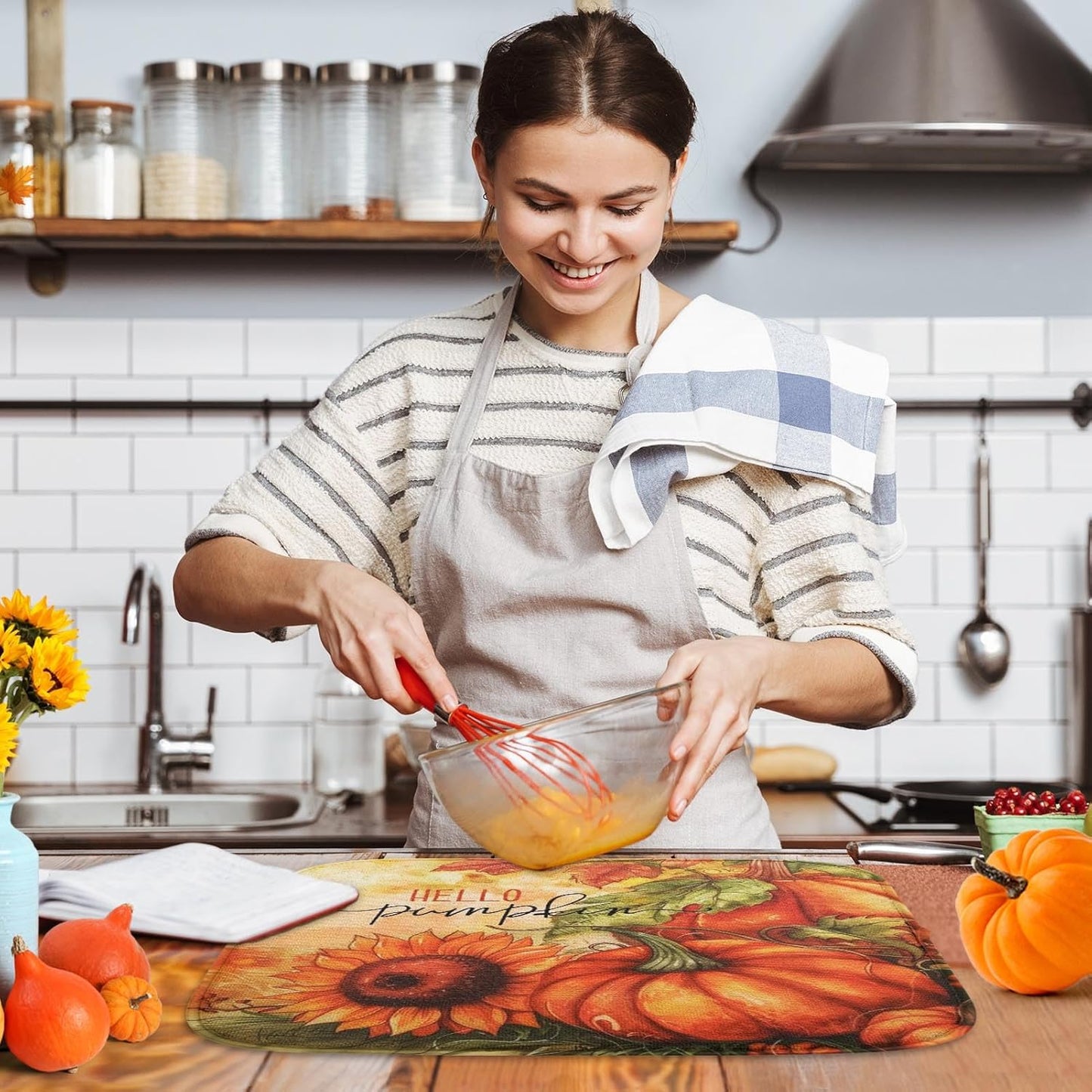 Sanwarm Absorbent Dish Drying Mat, Hello Pumpkin Flower Tree Microfiber Pad for Kitchen Counter, Vintage Fall Leaves for Coffee Bar Decor, Heat Resistant and Reversible, 16" x 18"