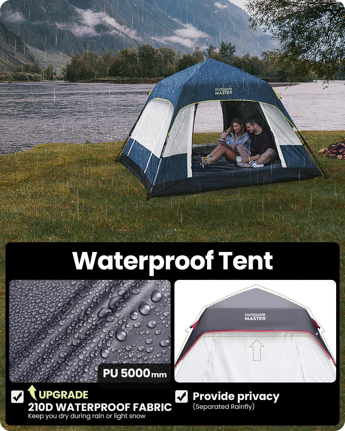 OutdoorMaster Updated Camping Tents, 4/6 Person Camping Tent with Blackout Shelter Technology, Easy Setup in 60 Seconds, Weatherproof Pop Up Tent with Top Rainfly, Cabin Tent (Dark Blue, 6 Person)