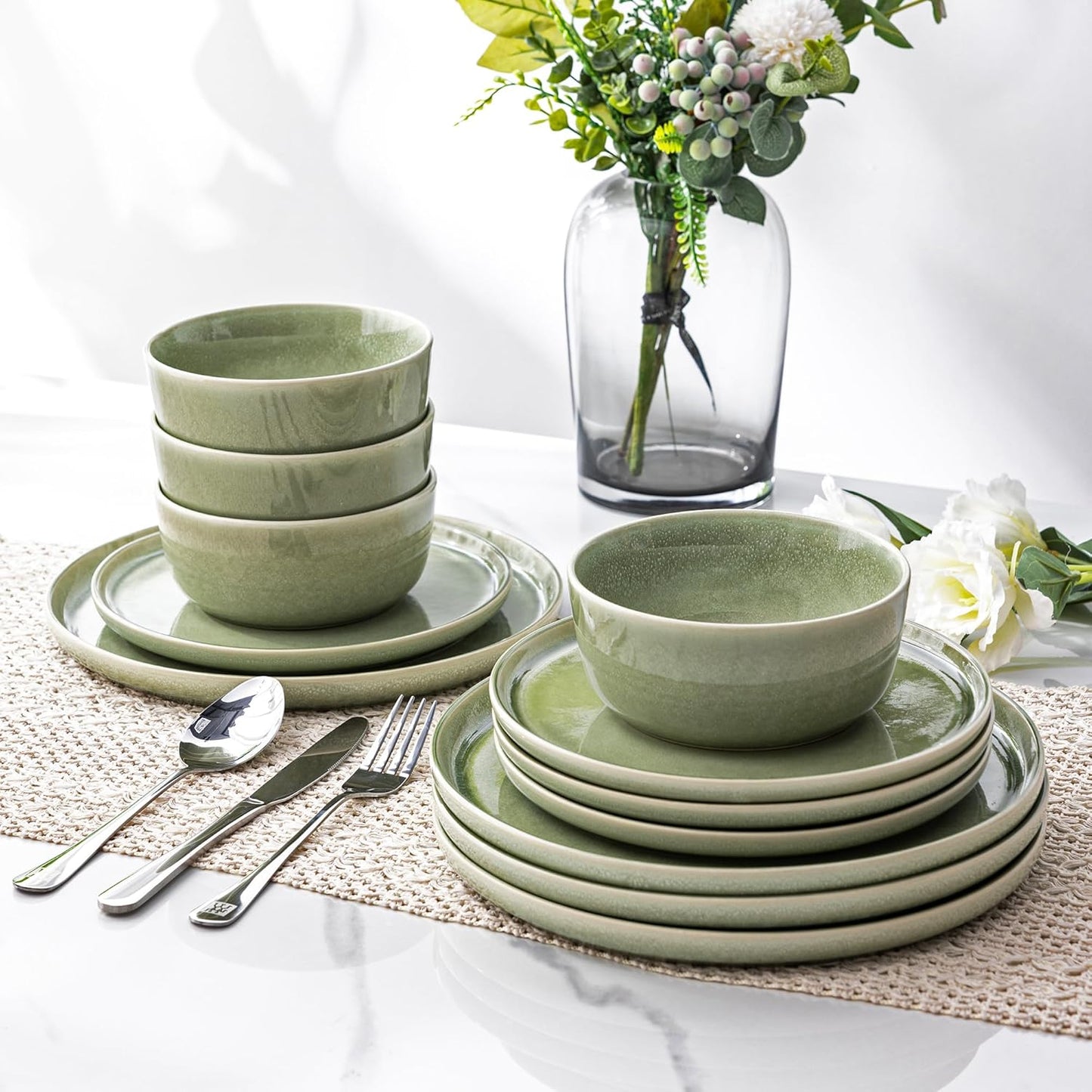 AmorArc Stoneware Dinnerware Sets for 4,Round Reactive Glaze Ceramic Plates and Bowls Set,Highly Scrath Resistant | Dishwasher & Microwave Safe Dishes Set,Service for 4 (12pc)