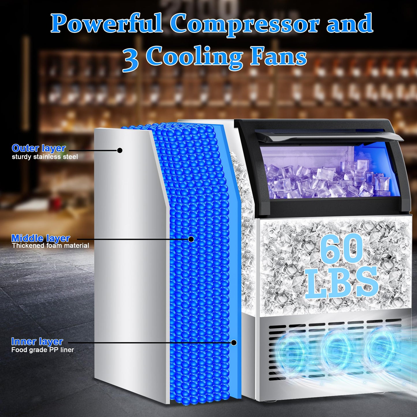 Commercial Gourmet Ice Maker Machine 150Lbs/24H,Stainless Steel Spray Ice Maker 60lbs Storage,50pcs Hat Cubes Per Cycle,Freestanding Ice Maker Self-Cleaning for Office, Restaurant, and Bar