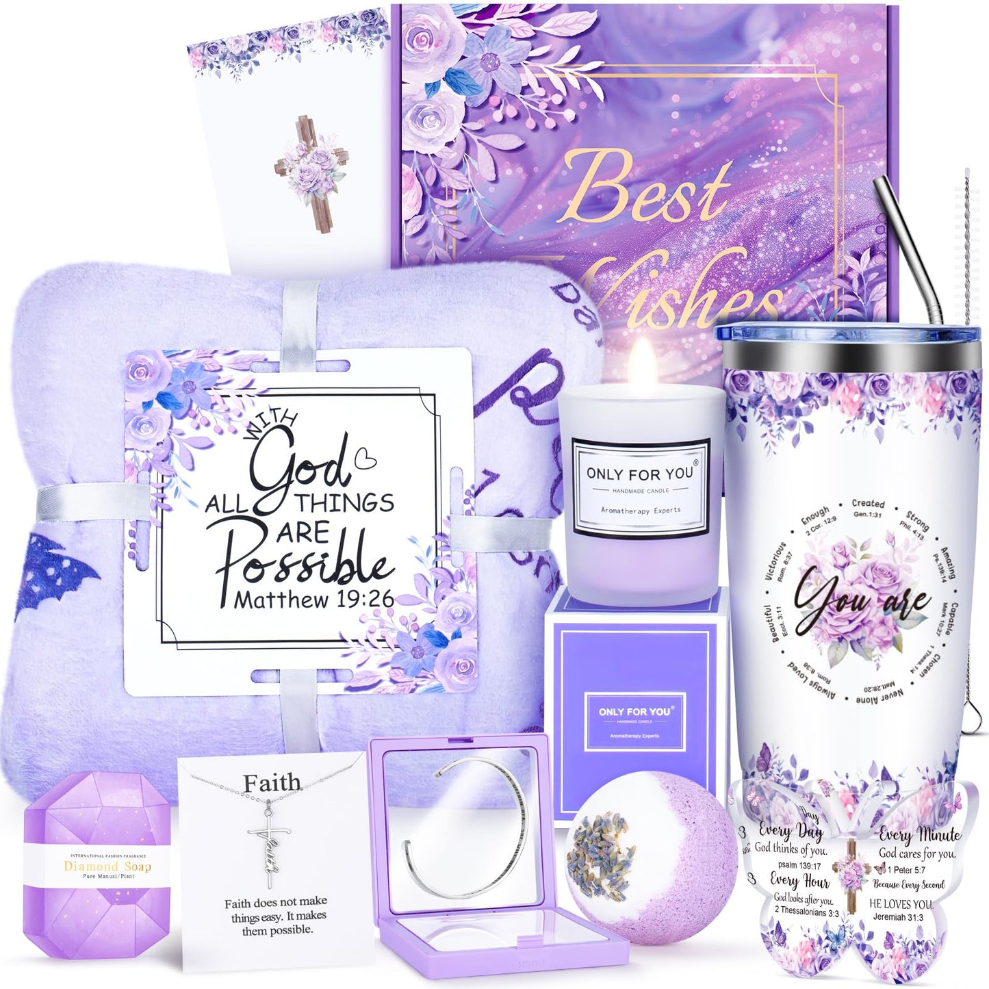 12PCS Christian Gifts for Women Faith, Inspirational Gifts for Women, Religious Catholic Gifts Basket,Purple Birthday Get Well Soon Gifts, for Mom Her Wife Girlfriend Friend Sister