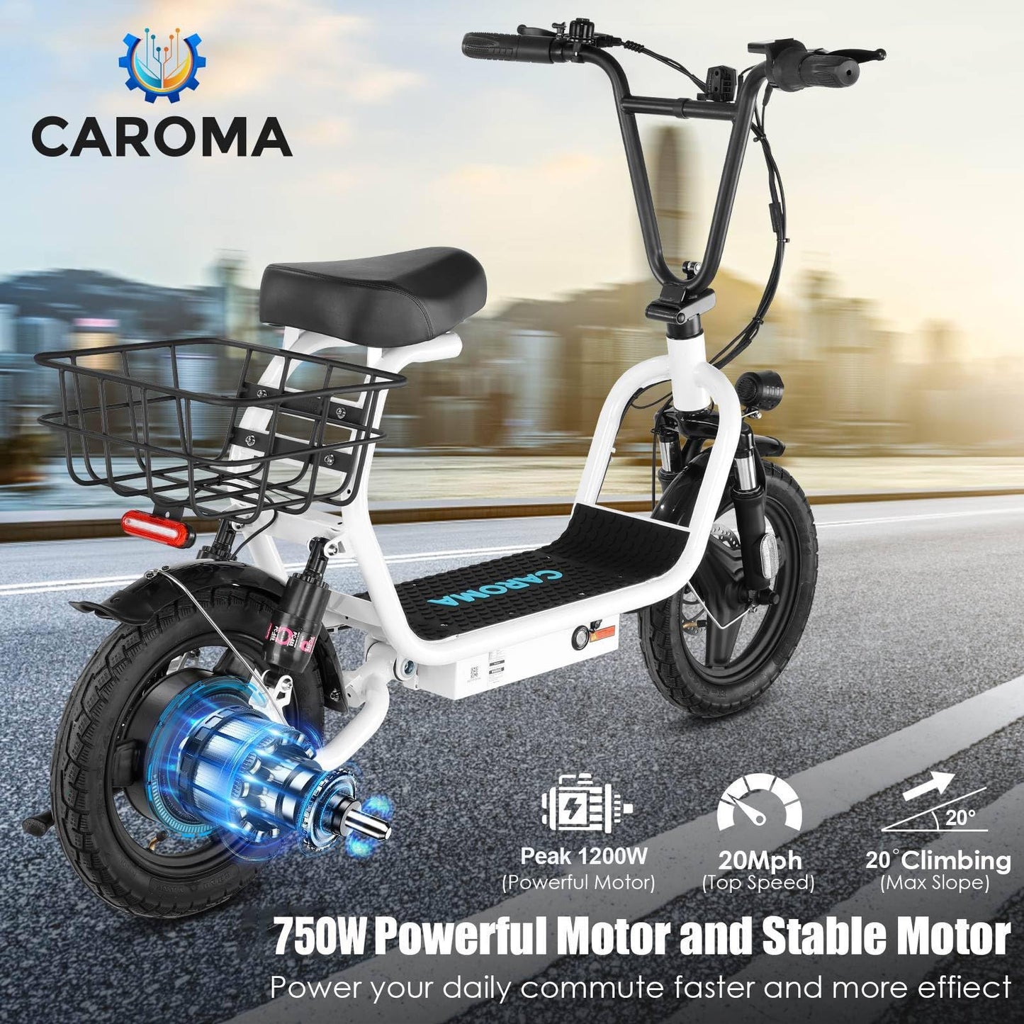 Caroma Peak 1200W Electric Scooter with Seat, 14" Fat Tire, 500Wh Battery, 30 Miles Range, 20MPH Top Speed, Foldable Electric Scooters for Adults, Shock Absorbing Electric Bike for Commuting
