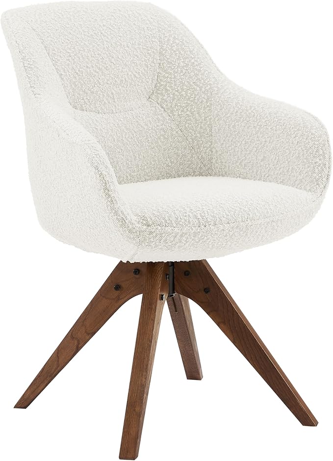 Art Leon Dining Chair, Mid Century Modern Boucle Fabric Upholstered Swivel Dining Room Chair with Oak Wood Legs, Leisure Side Chair with Arms for Living Room, White